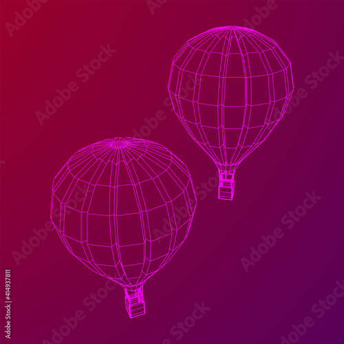 Airballoon design airway travel transport. Air ship with cabin. Wireframe low poly mesh vector illustration.