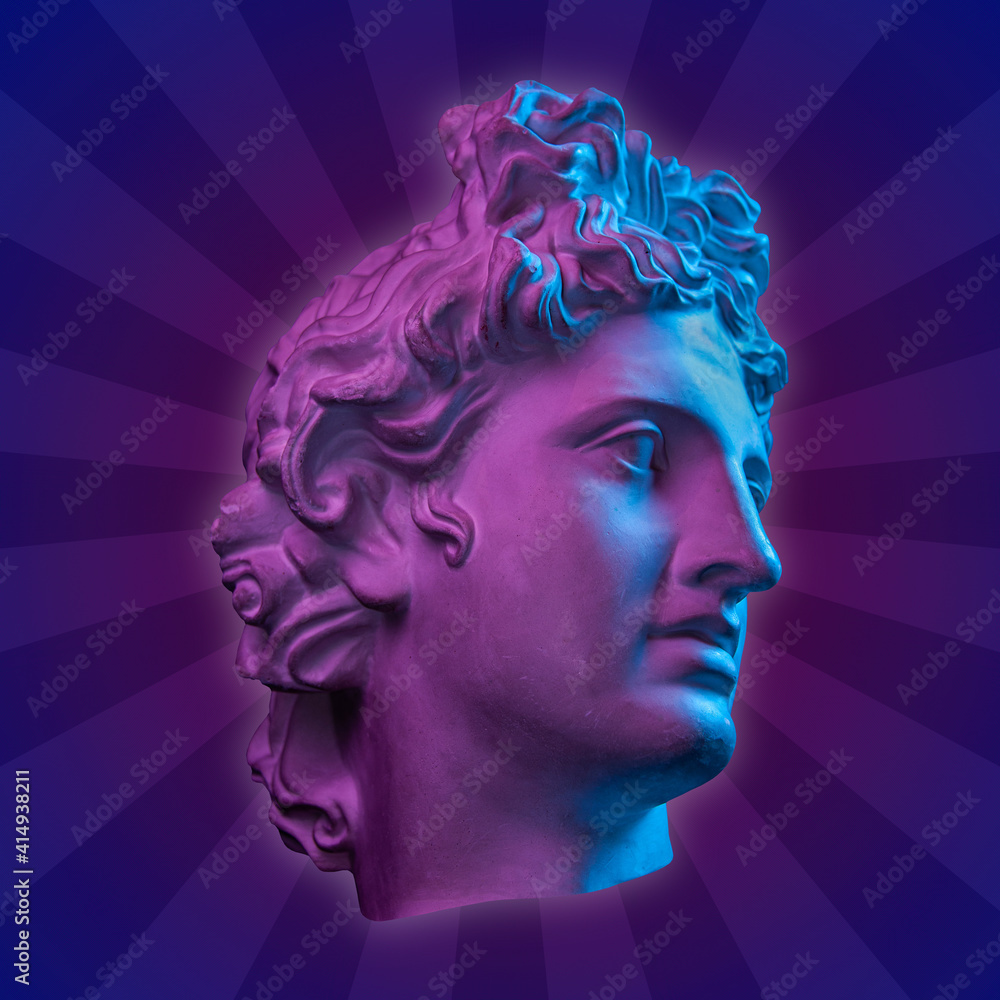 Collage with plaster antique sculpture of human face in a pop art style. Creative concept image with ancient statue head in pastel colors. Zine culture. Contemporary art style poster. Apollo bust. Collage with plaster antique sculpture of human face in a pop art style. Creative concept image with ancient statue head in pastel colors. Zine culture. Contemporary art style poster. Apollo bust.