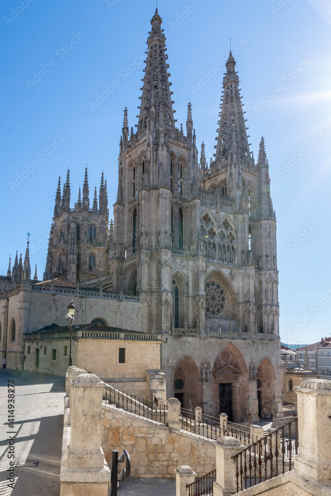 Main facade of the Gothic Cathedral of Burgos on a sunny day. Burgos, Castilla y León, Spain