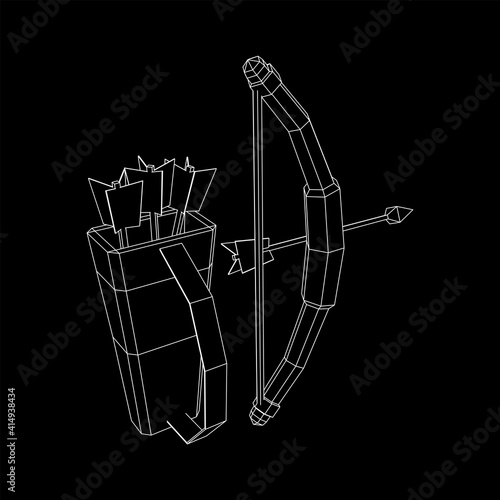 Medieval Bow and arrow archer weapon. Wireframe low poly mesh vector illustration.