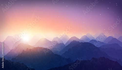 A vivid illustration of a mountain landscape at sunset with a starry sky. Watercolor grunge background of nature.