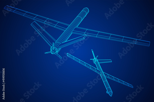 Military drone combat unmanned aerial vehicle. Recon aircraft plane. Wireframe low poly mesh vector illustration.