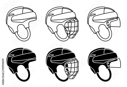open hockey helmet icon, with protective grill and transparent visor. Ice hockey field player protective gear. Vector