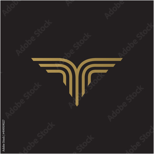 Eagle-looking T logo. Gold color on black background. Vector symbol