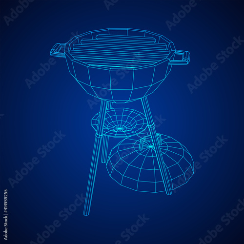 Round barbecue grill. Outdoor bbq party. Wireframe low poly mesh vector illustration