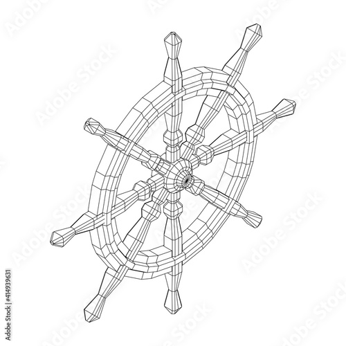 Ship steering wheel. Marine rudder. Wireframe low poly mesh vector illustration.