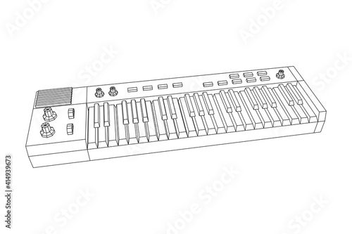 Piano roll analog synthesizer faders buttons knobs. Wireframe low poly mesh vector illustration.