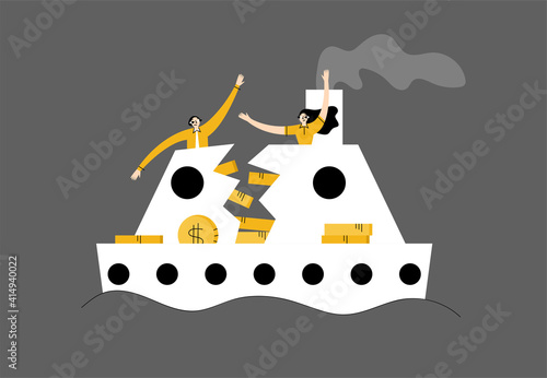 Vector stock economic crisis concept in flat style, falling exchange rate, loss of money, collapse of the stock exchange.  Businessmen and brokers in a panic, traffic interruption, ruin