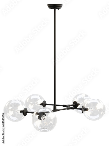 Modern black metal chandelier with dimpled blown glass globe with open ends. 3d render
