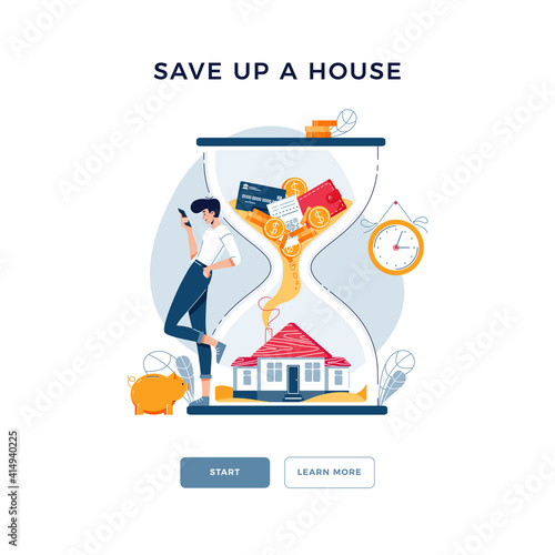 Save up a house concept. Man purchased a property and awaits for savings growing. Make money in property, rising housing market for web banner, emailing design. Modern flat cartoon vector illustration photo