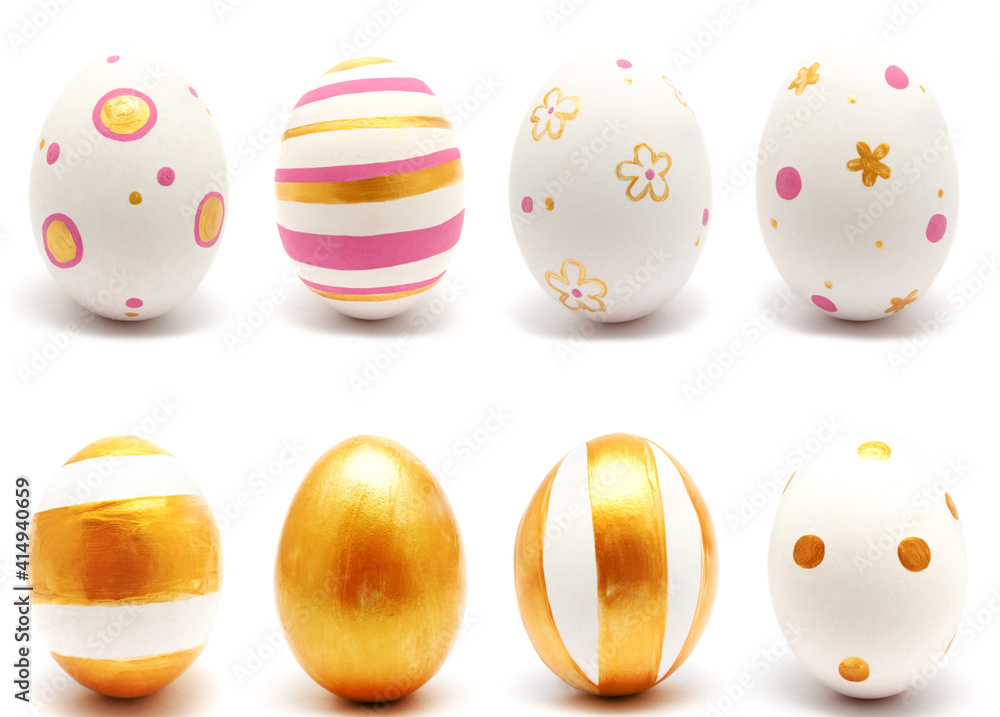 Collection of photos colorful perfect handmade painted easter eggs isolated - obrazy, fototapety, plakaty 