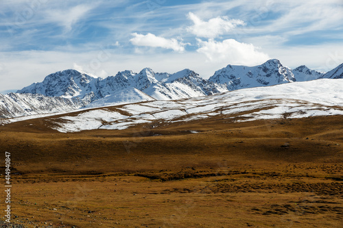 snowy mountain peaks. Ala Bel pass, Bishkek Osh highway in Kyrgyzstan