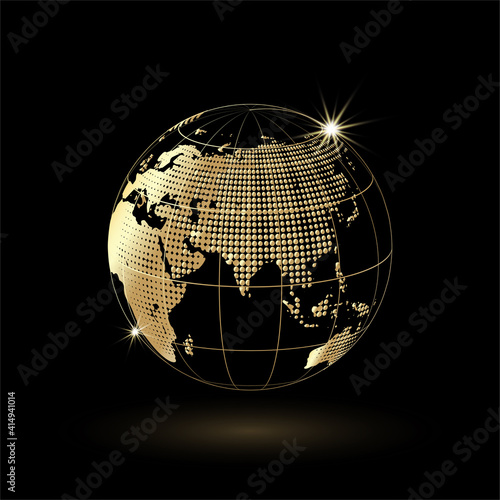 Golden earth globe on black background, Business luxury design logo, Vector illustration