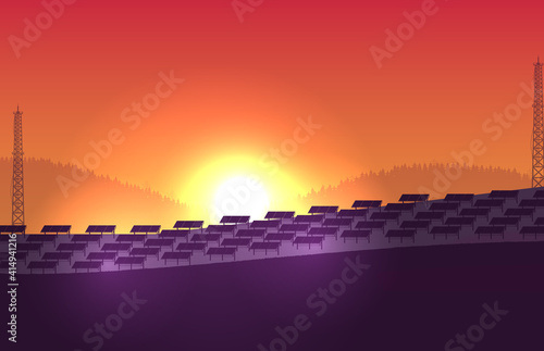 silhouette solar panel farm on orange gradient background