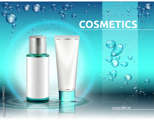 Hydration Cosmetics packaging product mock up. Shinny water splash blue effec...