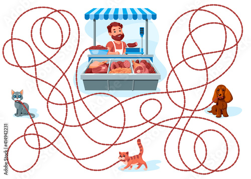 Dog and cats carry sausages. Guess which one of them stole a bunch of sausages from a butcher shop clerk? Children's game picture riddle on a white background.