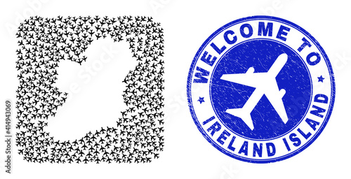 Vector mosaic Ireland Island map of airline elements and grunge Welcome stamp. Collage geographic Ireland Island map constructed as carved shape from rounded square shape with air transport.