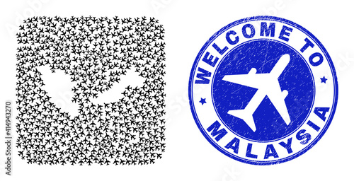 Vector mosaic Malaysia map of airliner items and grunge Welcome seal stamp. Mosaic geographic Malaysia map created as subtraction from rounded square shape with airways.