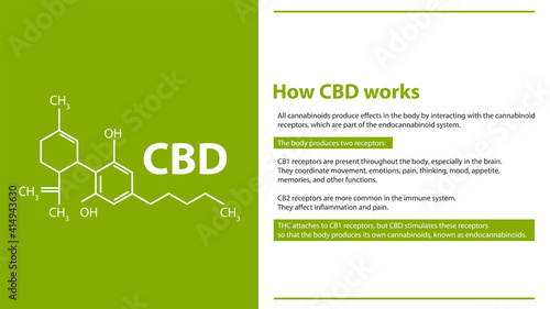 How CBD works, green and white information poster with cannabidiol chemical formula