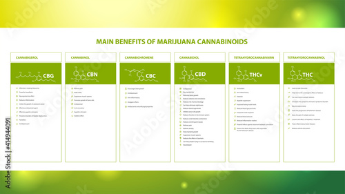 Main benefits of marijuana cannabinoids, information poster with benefits of marijuana cannabinoids and table of natural cannabinoids