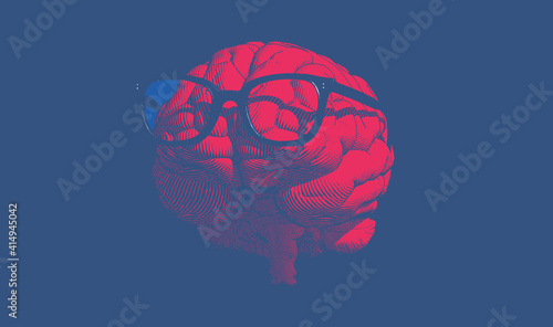 Red engraving brain with glasses illustration on blue BG