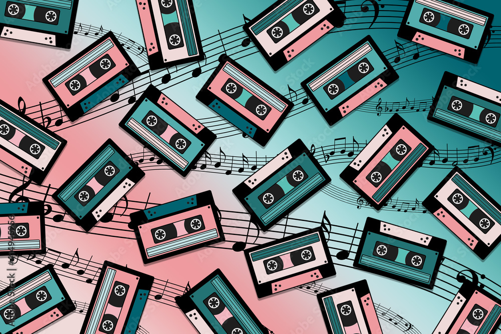 3d illustration of vintage audio cassettes with a musical notes background