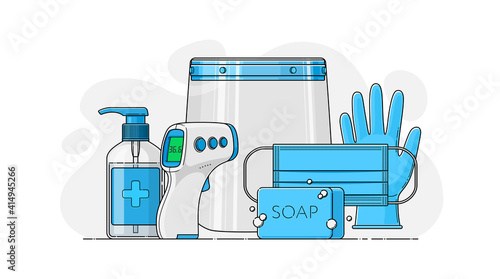 Vector set of personal protective equipment in flat style. Respiratory mask, face shield, disinfectant hand sanitizer antibacterial gel, medical non-contact infrared thermometer, surgical gloves, soap