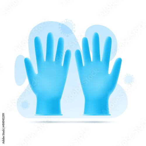 Vector illustration of blue latex gloves on background of abstract shapes and virus. 3D template of personal medical, surgical protection against bacteria. Individual protection and prevention means