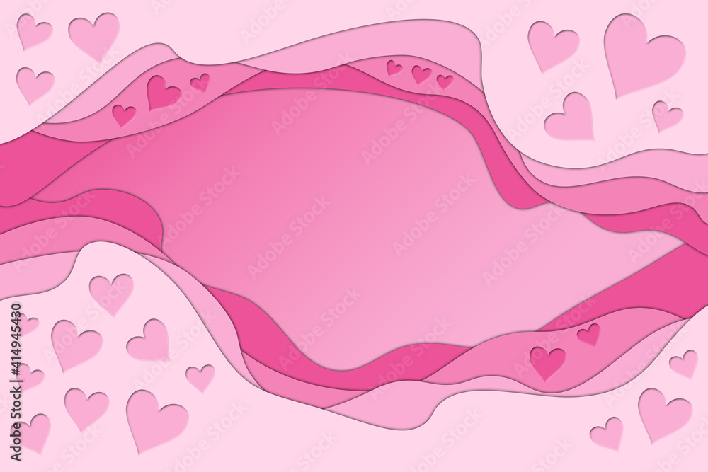3d background illustration of paper cut out curve layers in pink color with hearts.