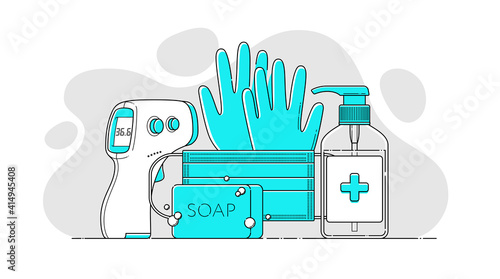 Vector template in flat style of non-contact infrared thermometer, sterile gloves, medical mask, disinfectant hand sanitizer antibacterial alcohol gel, soap. Protective measure for flu, virus