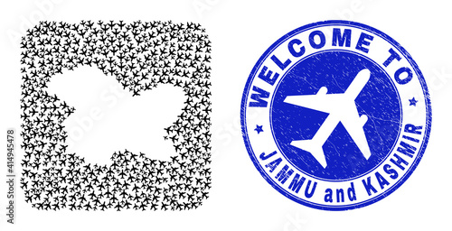 Vector collage Jammu and Kashmir State map of elements and grunge Welcome seal stamp. Collage geographic Jammu and Kashmir State map constructed as subtraction from rounded square with airliners.