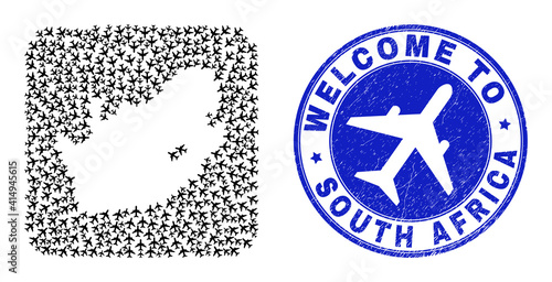 Vector collage South African Republic map of air plane elements and grunge Welcome seal stamp. Collage geographic South African Republic map created as stencil from rounded square shape with airports.