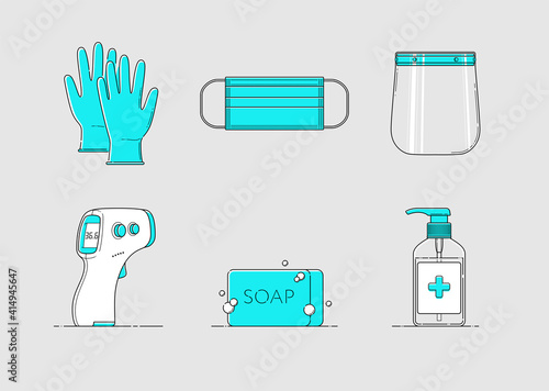 Isolated vector set of PPE icon in flat style with outline. Sterile medical nitrile gloves, mask, face shield, non-contact infrared thermometer, soap, antibacterial alcohol hand gel, sanitizer