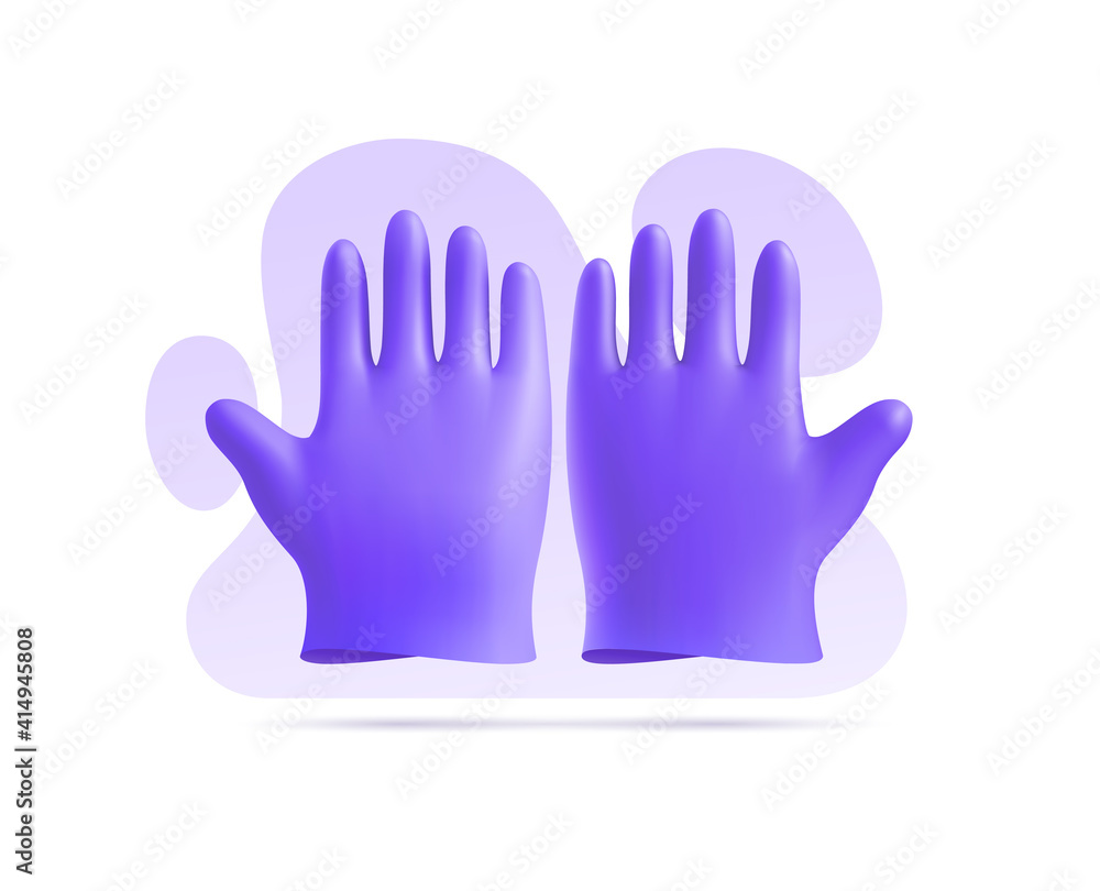 3D violet nitrile medical gloves background of abstract shapes. Vector illustration of personal protective equipment against bacteria, infection for surgery, dentistry, beauty salon 3D violet nitrile medical gloves background of abstract shapes. Vector illustration of personal protective equipment against bacteria, infection for surgery, dentistry, beauty salon