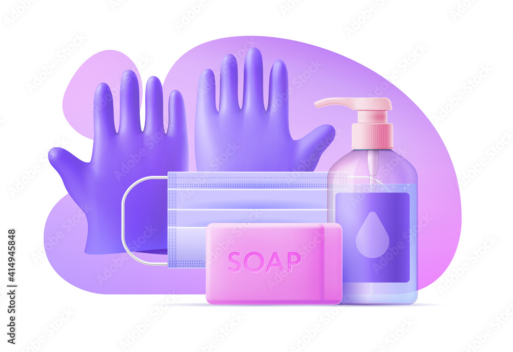 3D template personal protectiven equipment on background of abstract shapes. Vector illustration PPE, medical mask, sanitizer, antiseptic, sterile latex gloves, solid soap 3D template personal protectiven equipment on background of abstract shapes. Vector illustration PPE, medical mask, sanitizer, antiseptic, sterile latex gloves, solid soap