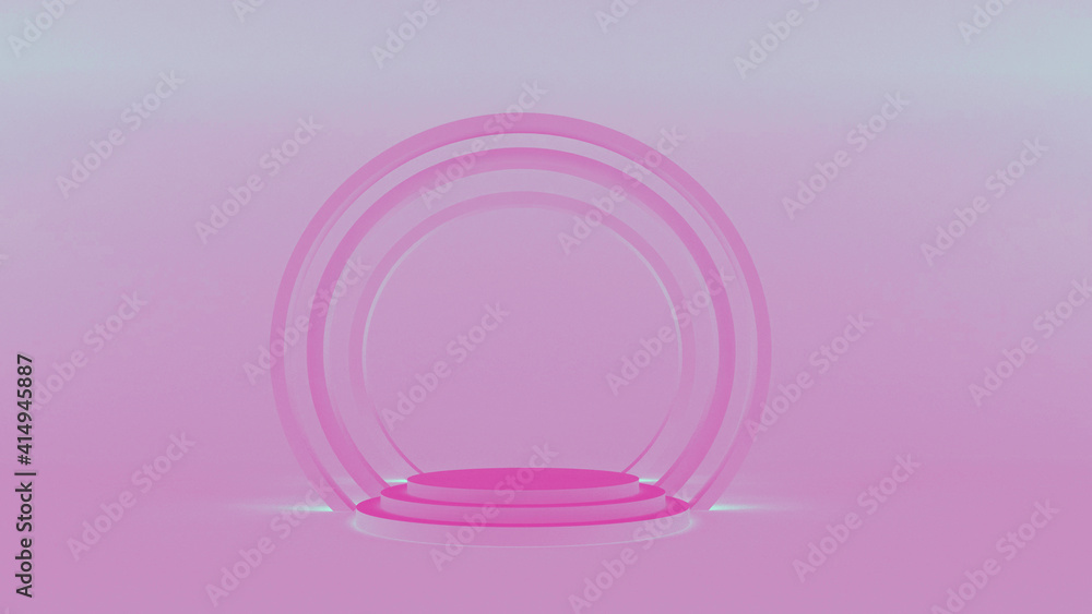 Obraz premium Demonstration stand. Round pink podium on a pink background. A pedestal for the winner. Banner for advertising. 3d render.