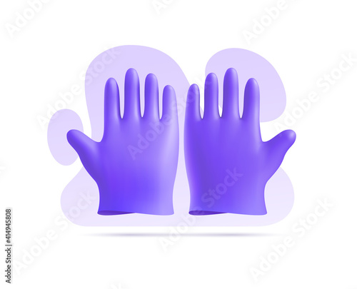 3D violet nitrile medical gloves background of abstract shapes. Vector illustration of personal protective equipment against bacteria, infection for surgery, dentistry, beauty salon