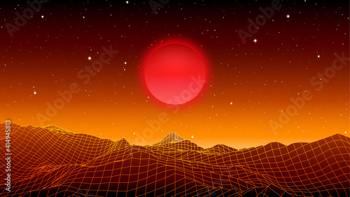 Futuristic landscape with 80s styled cyberpunk grid mountains on orange planet. Synthwave background for music cover or poster