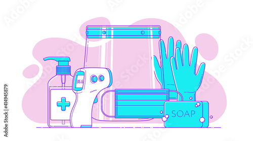 Set of vector PPE line icon on background of abstract shapes for medical infographic. Mask, face shield, disinfectant hand sanitizer antibacterial gel, non-contact infrared thermometer, gloves, soap