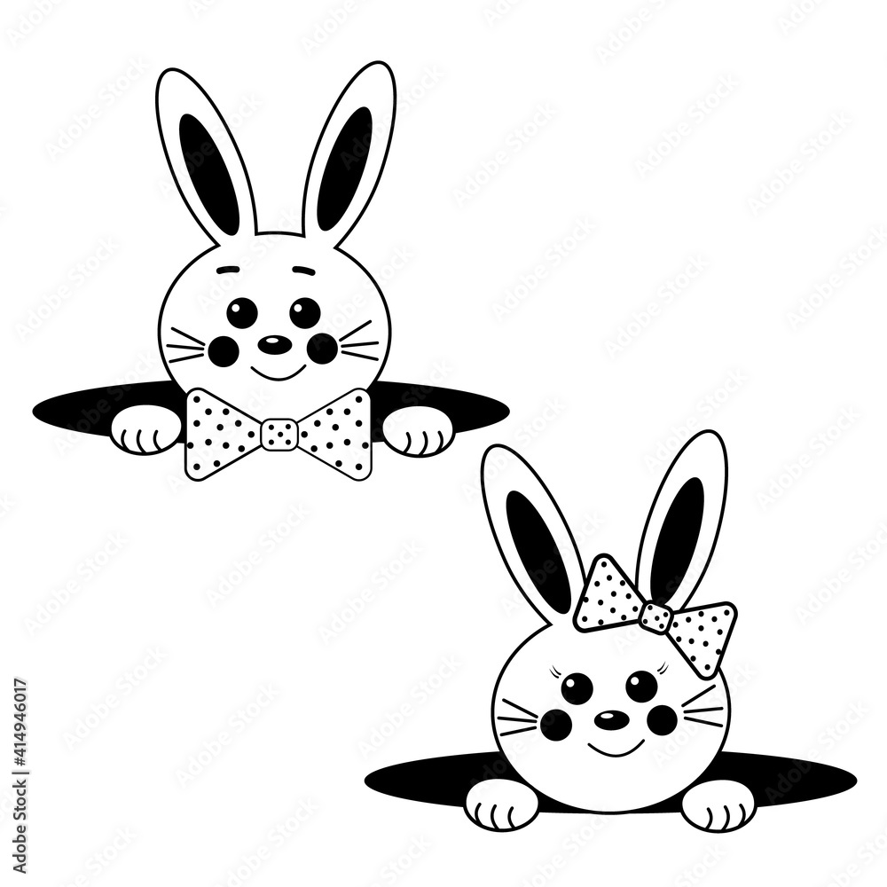 hares peeking out of a hole, black fused outline, vector isolated illustration for the Holy Easter holiday, decor, decoration, print