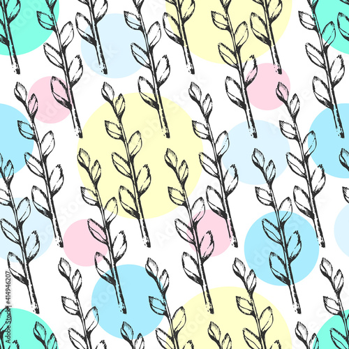 Seamless pattern with flowers,bunnies, and easter eggs on white background.