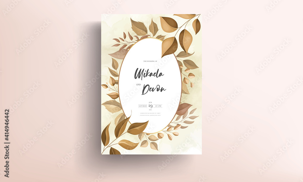Beautiful wedding invitation card with leaf decoration Beautiful wedding invitation card with leaf decoration