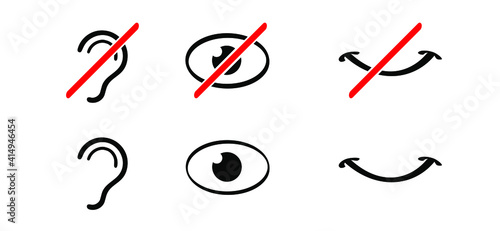 Hear, see and be silent. to hear, to see, to be silent or to be quiet. i hear nothing i see nothing and i say nothing. Flat shhh vector sign. Covering his eye, ears and mouth.