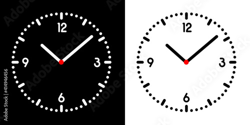 Flat design Illustration of clock face or wristwatch with black and white dial, numbers, hands and red center, vector