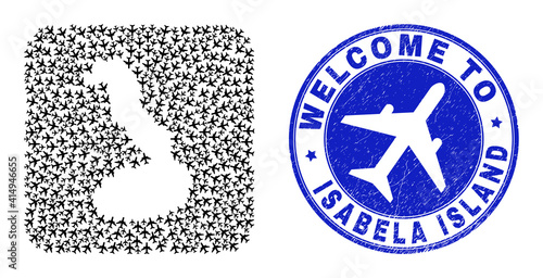 Vector mosaic Isabela Island of Galapagos map of elements and grunge Welcome stamp.