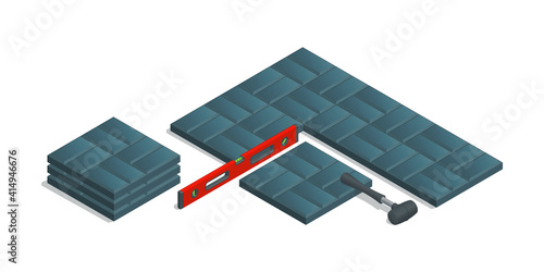 Isometric vector illustration concrete paver blocks, rubber mallet and bubble level tool isolated on white background. Realistic pavement laying icon in flat cartoon style. Floor bricks. Street tiles