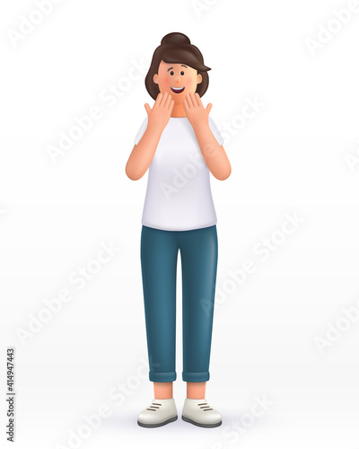 3D cartoon character. Young woman receiving a compliment, emotions of joy and embarrassment. Smiling cute brunette girl.  3d vector illustration.