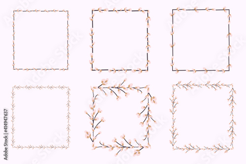 Set of Easter frames. Square Willow frame.Easter wreath made of willow stalks.Vector illustration isolated on a white background. 