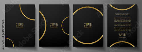 Modern cover design set with gold round ring (golden circle pattern) on black background. Luxury creative premium backdrop. Formal simple vector template for business brochure, certificate, invite