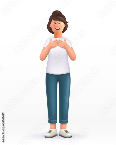 3D cartoon character. Young woman, keeps hands on chest, touched by compliment, smiles positively. Smiling cute brunette girl.  3d vector illustration.